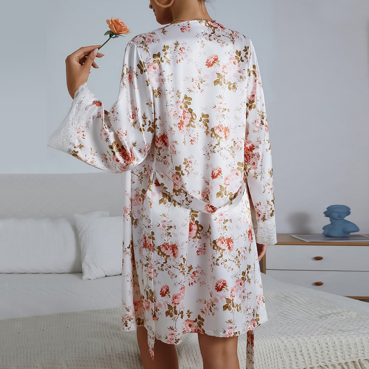 Floral Print Belted Satin Robe With Lingerie Set